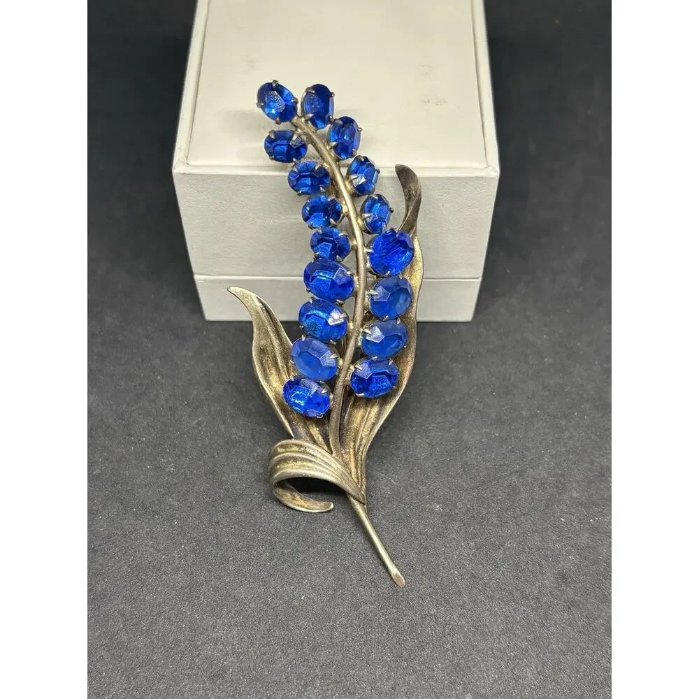Vtg Unsigned Coro Sterling Silver Brooch Vermeil Blue Rhinestones Floral Pin 27g